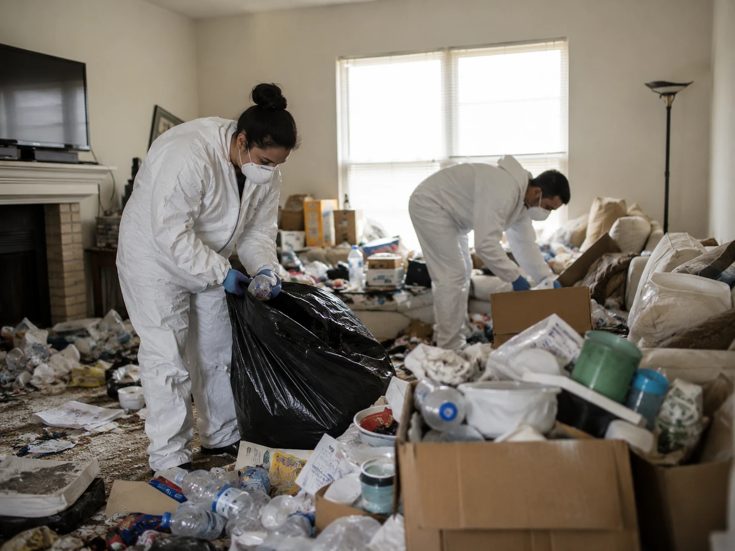 Specialist hoarder cleaning team working in a London home