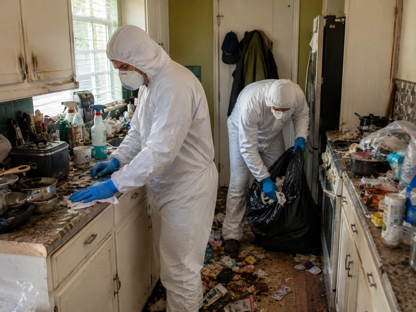 Specialist cleaners working through a cluttered London home